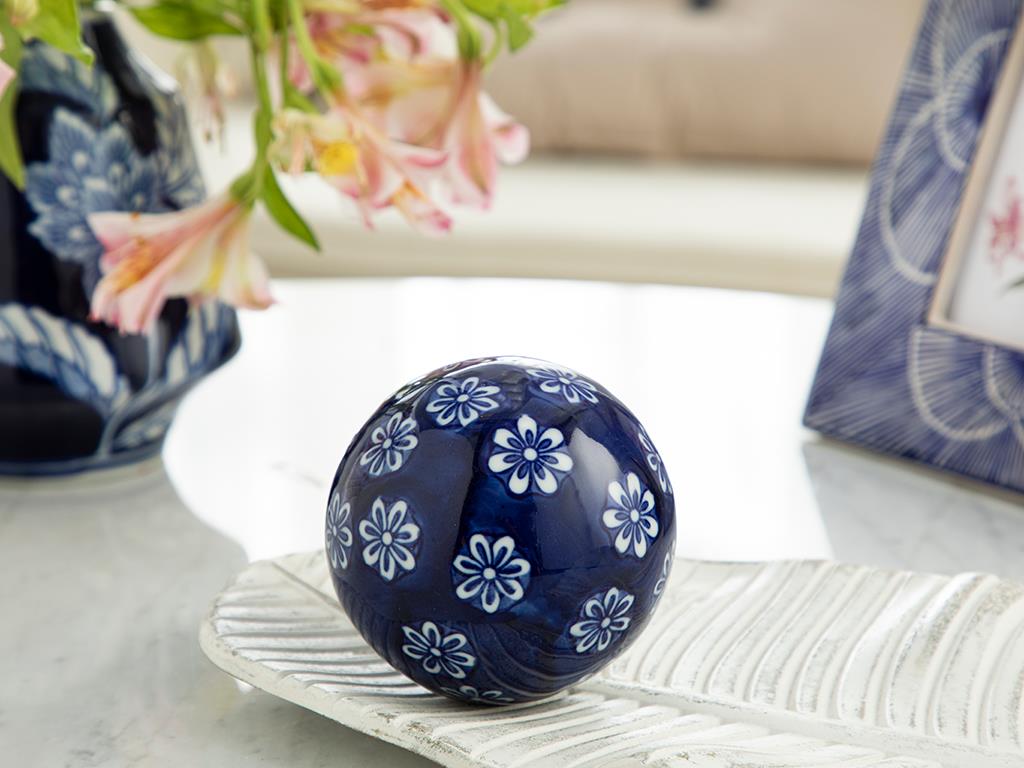 Flowery Porcelain Decorative Object 8x8x8 cm Blue - White