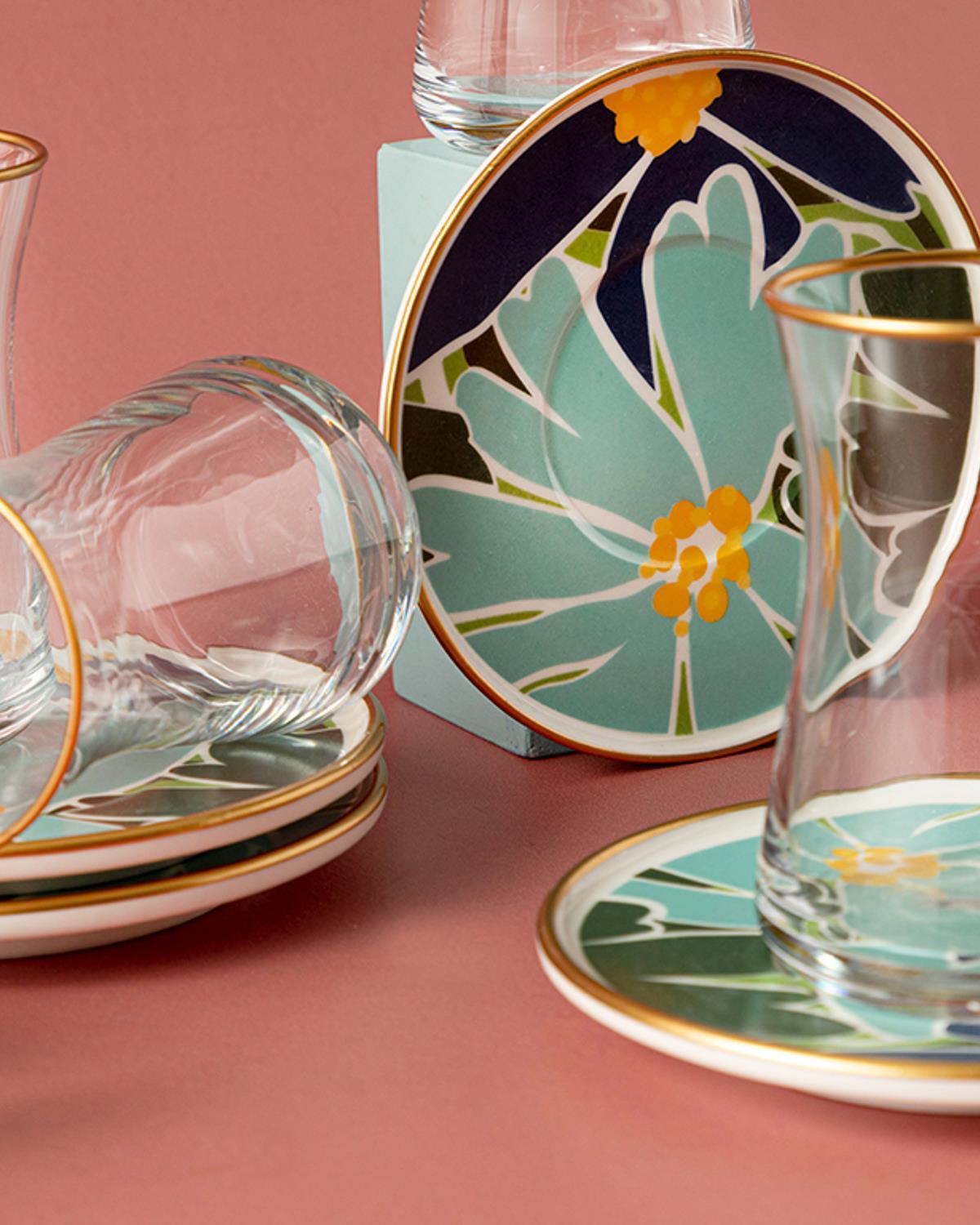Big Flower Porcelain 12 Parça 6 Kişilik Tea Set 160 ml Blue-Green