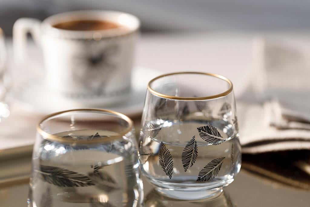 Birdena Glass 6 Set Served with Coffee Water Glass 115 ml Black-Gold