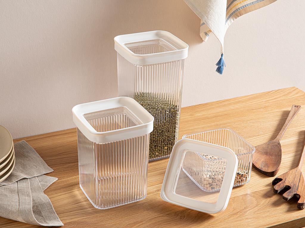Boston Plastic Pătrat 3 Piese Recipient Alimente 550+1200+1750 ml Bej