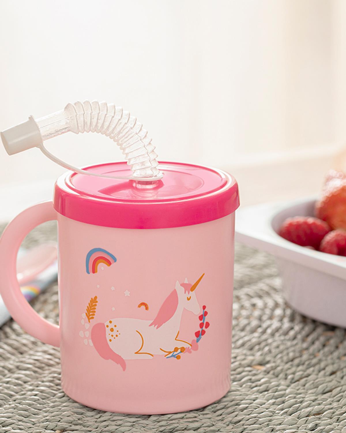 Cană cu pai pentru copii, Little Unicorn, 210 ml, plastic, roz