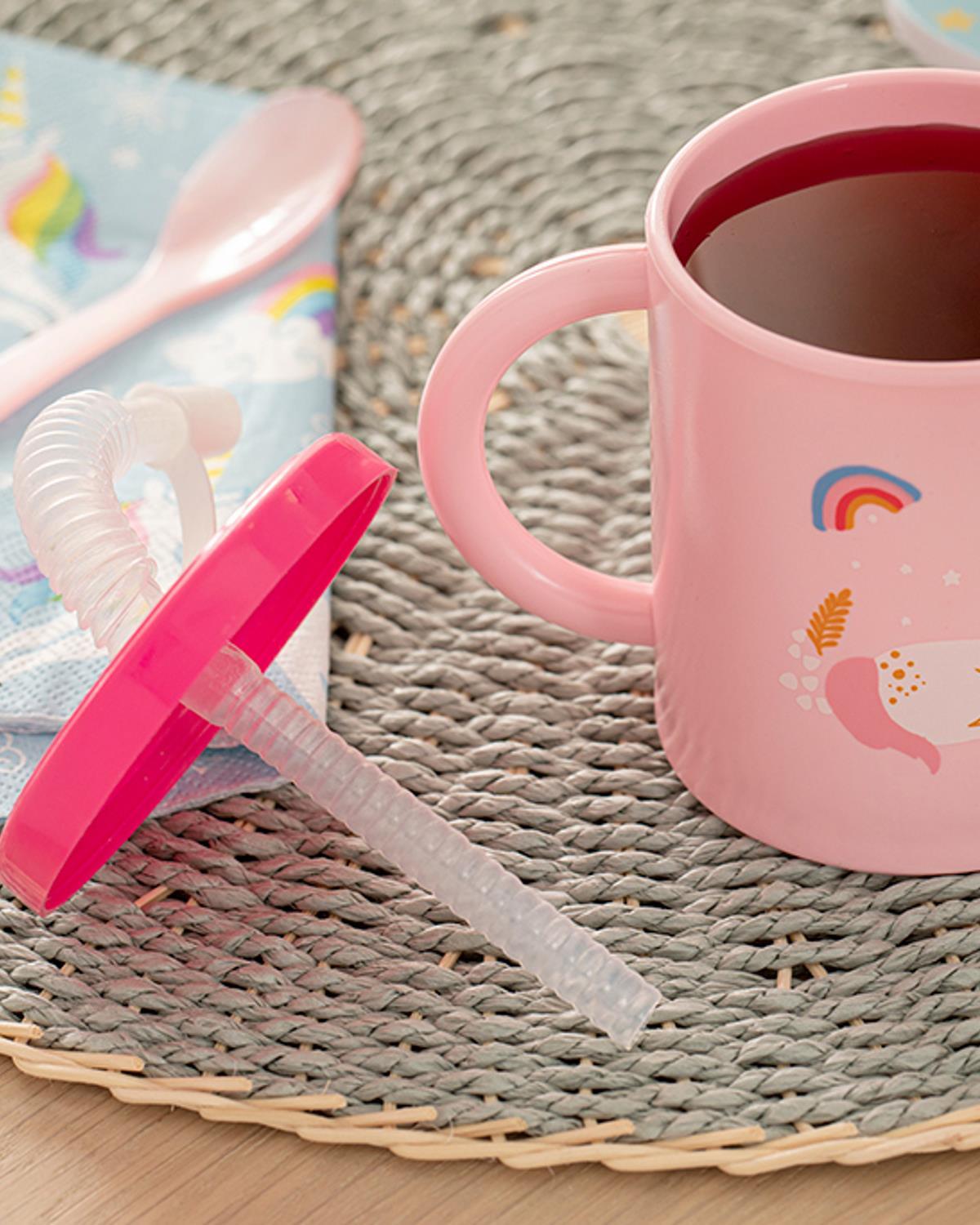 Cană cu pai pentru copii, Little Unicorn, 210 ml, plastic, roz