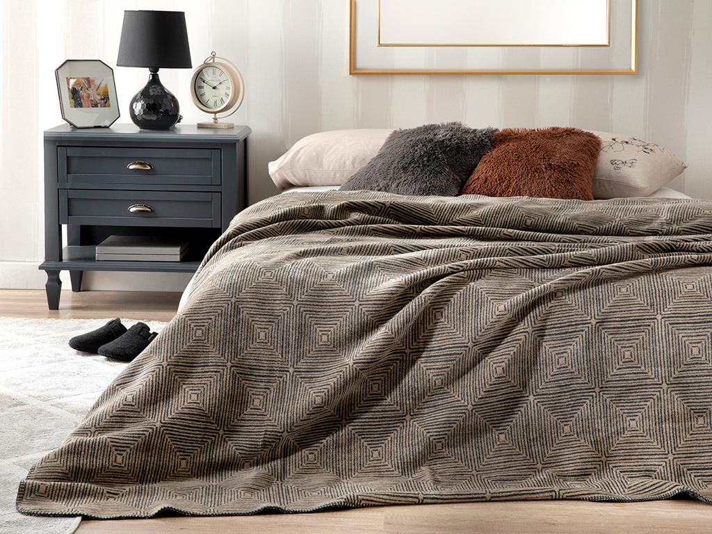 Chequer Bumbac Dublu Pătură 200*220 Cm Antracit - Bej