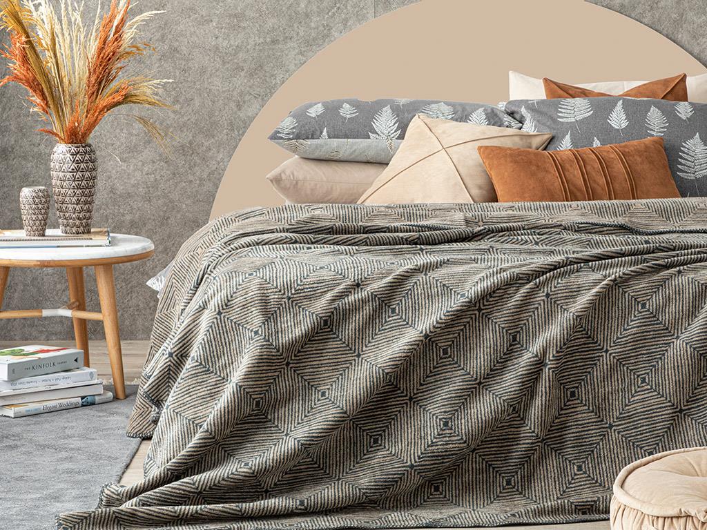 Chequer Bumbac Dublu Pătură 200*220 Cm Antracit - Bej