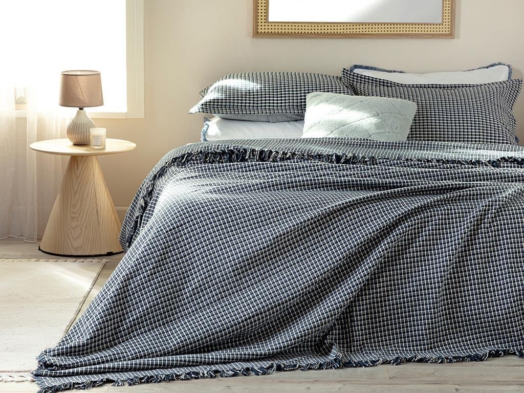 Chequer Țesut Persoană Dublă Set Cuvertură De Pat 240X260 Cm Albastru İnchis
