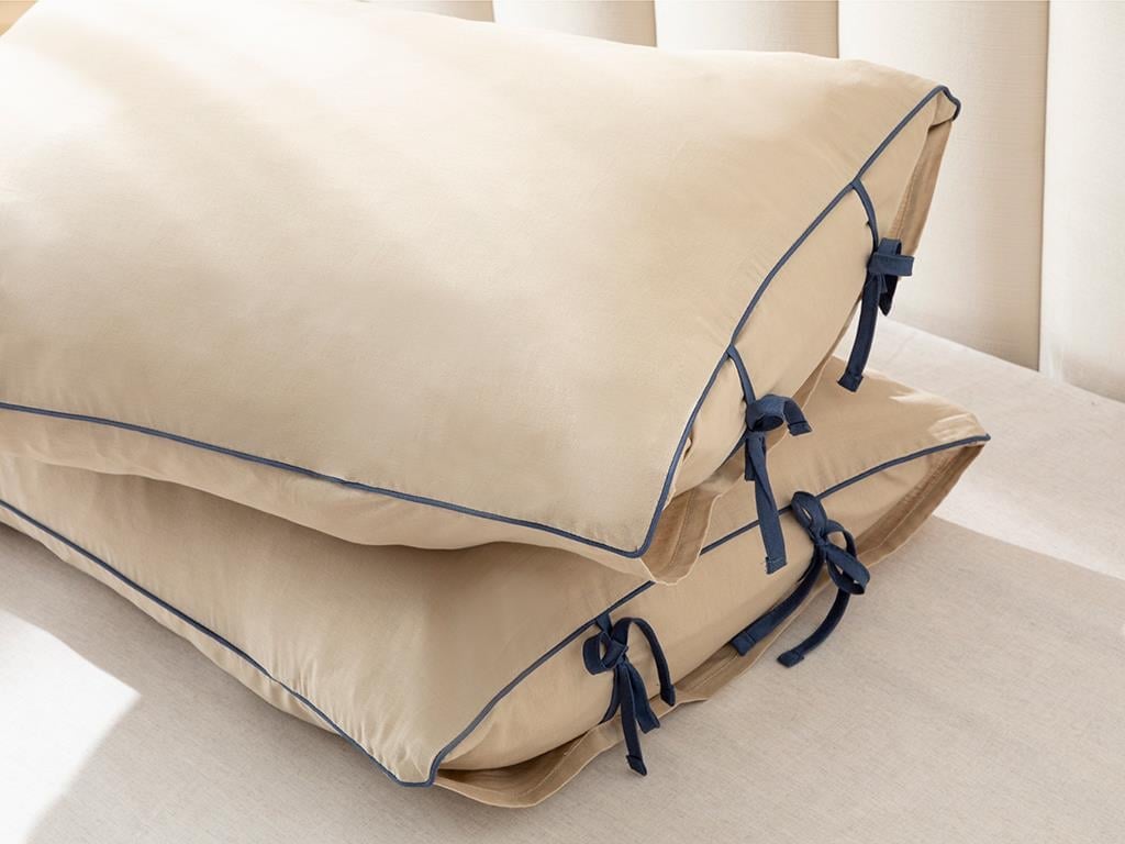Classy Plain Biyeli Bağcıklı Pamuk Set 2  FAȚĂ DE PERNĂ 50x70 cm Coffee Mousse – Midnight Blue