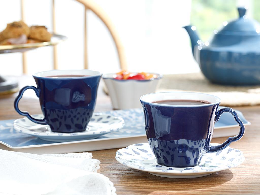 Clover Leaf Porcelain 4 Parça 2 Kişilik Tea Cup Set 180 ml White-Blue