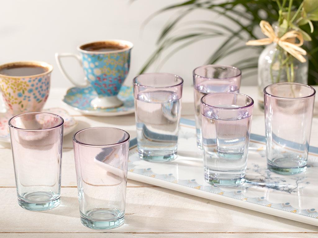 Degetto Glass 6 Set Served with Coffee Water Glass 100 ml Green-Pink
