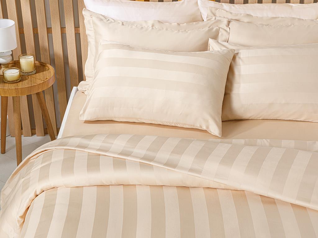 Deluxe Satin De Bumbac Cu Dungi Jacquard Super King Set Lenjerie De Pat 260x220 cm Bej