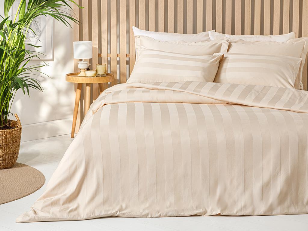Deluxe Satin De Bumbac Cu Dungi Jacquard Super King Set Lenjerie De Pat 260x220 cm Bej
