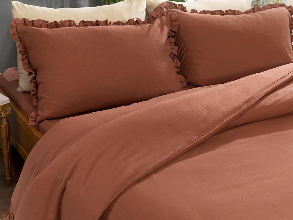Donna Fırfırlı Flamlı King Size Set Lenjerie De Pat 240*220 Cm Roșu-maro