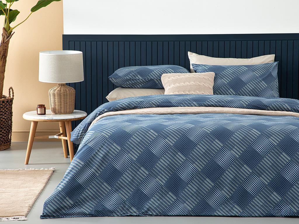 Dotted Check Cu Bumbac Double Set Lenjerie De Pat 200x220 cm Bleumarin