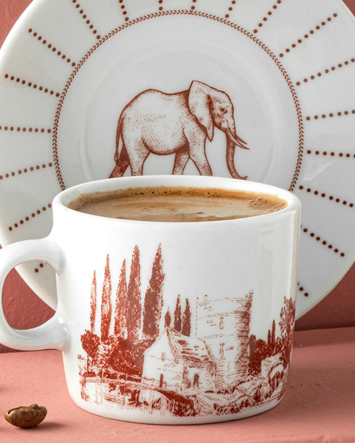 Elephant Porcelain 4 Pieces 2 Servings Coffee Cup Set 80 ml Maroon
