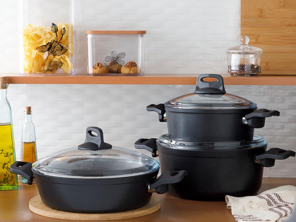 Emma big granite with glass capped Pan 24 cm Black