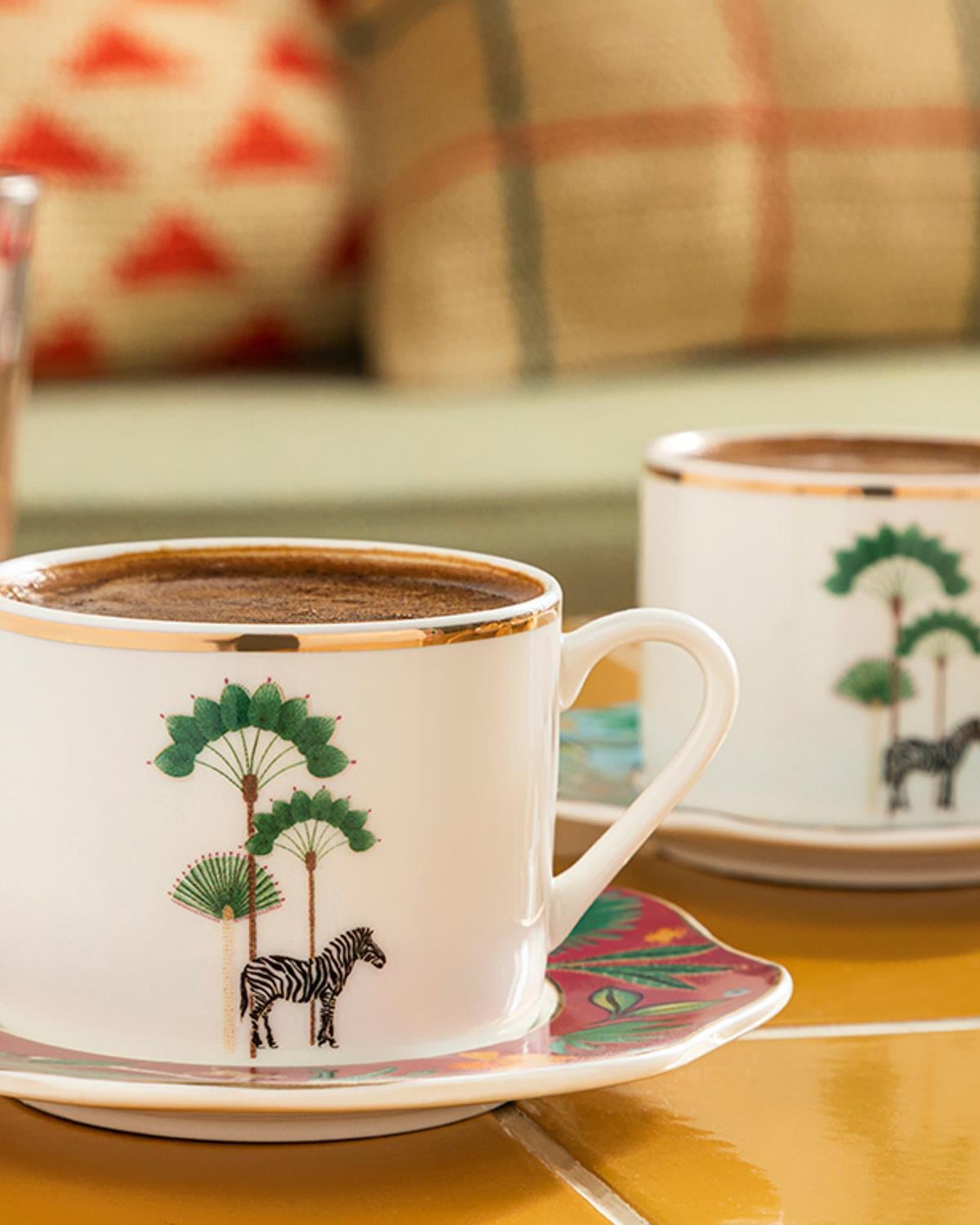 Exotic Leaves New Bone China 4 Parça 2 Kişilik Coffee Cup Set 80 ml Light Blue - Pink