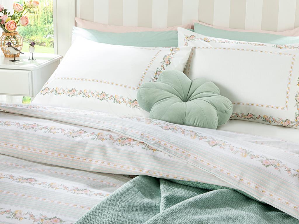 Floral Stripe Bumbac Super King Set Lenjerie De Pat 260x220 cm Deschideți Seledon