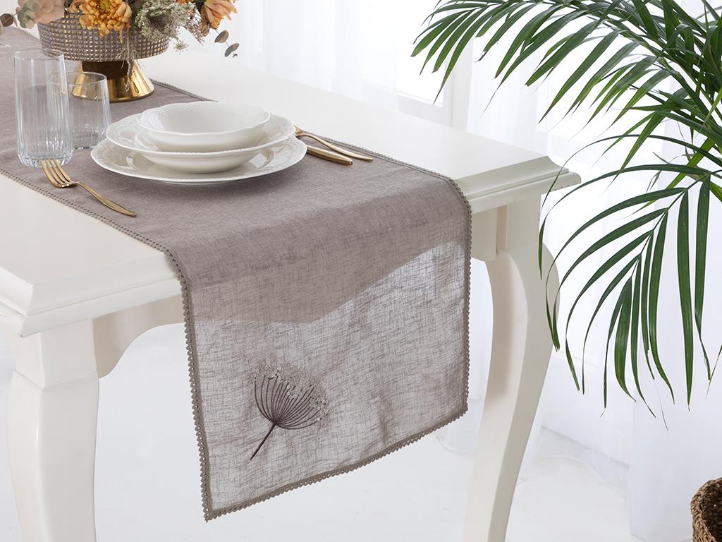 Flowers Embroidered Linen Runner 40x150 cm Dark Beige