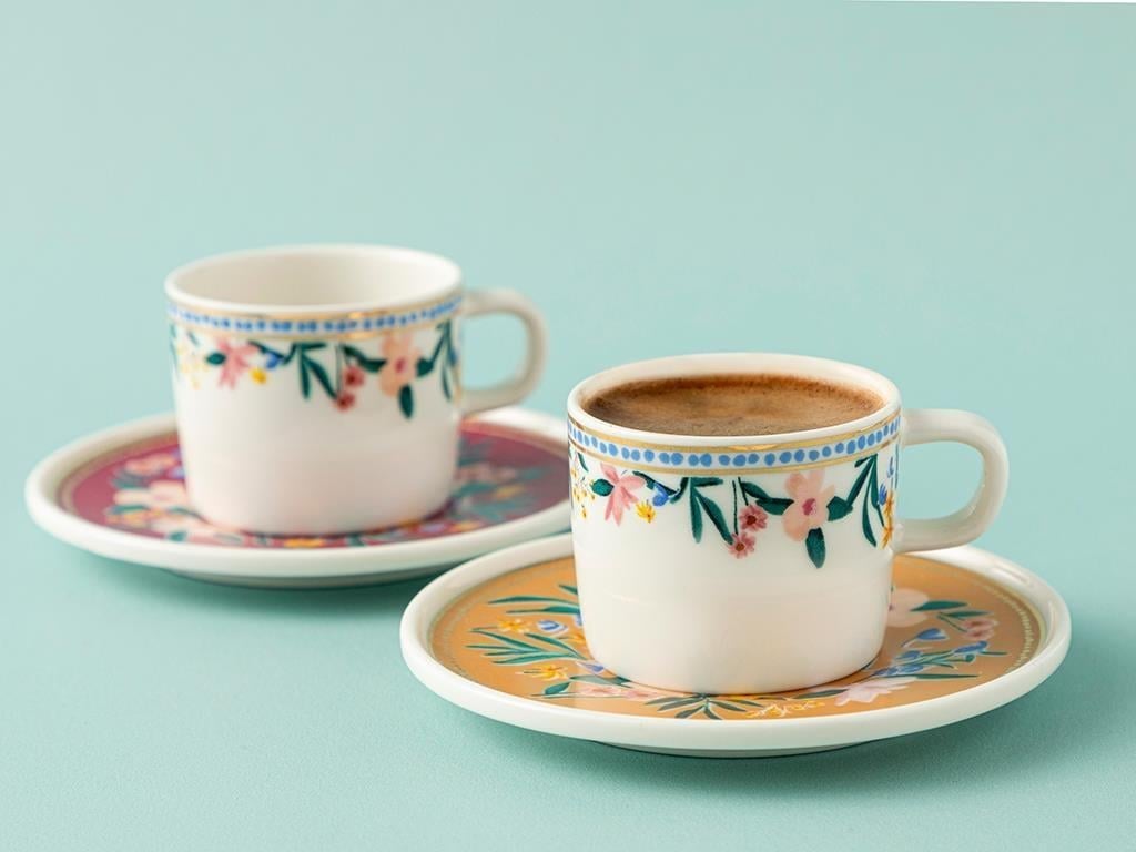 Flower Spree Porcelain 4 Parça 2 Kişilik Coffee Cup Set 90 ml Mustard-Pink