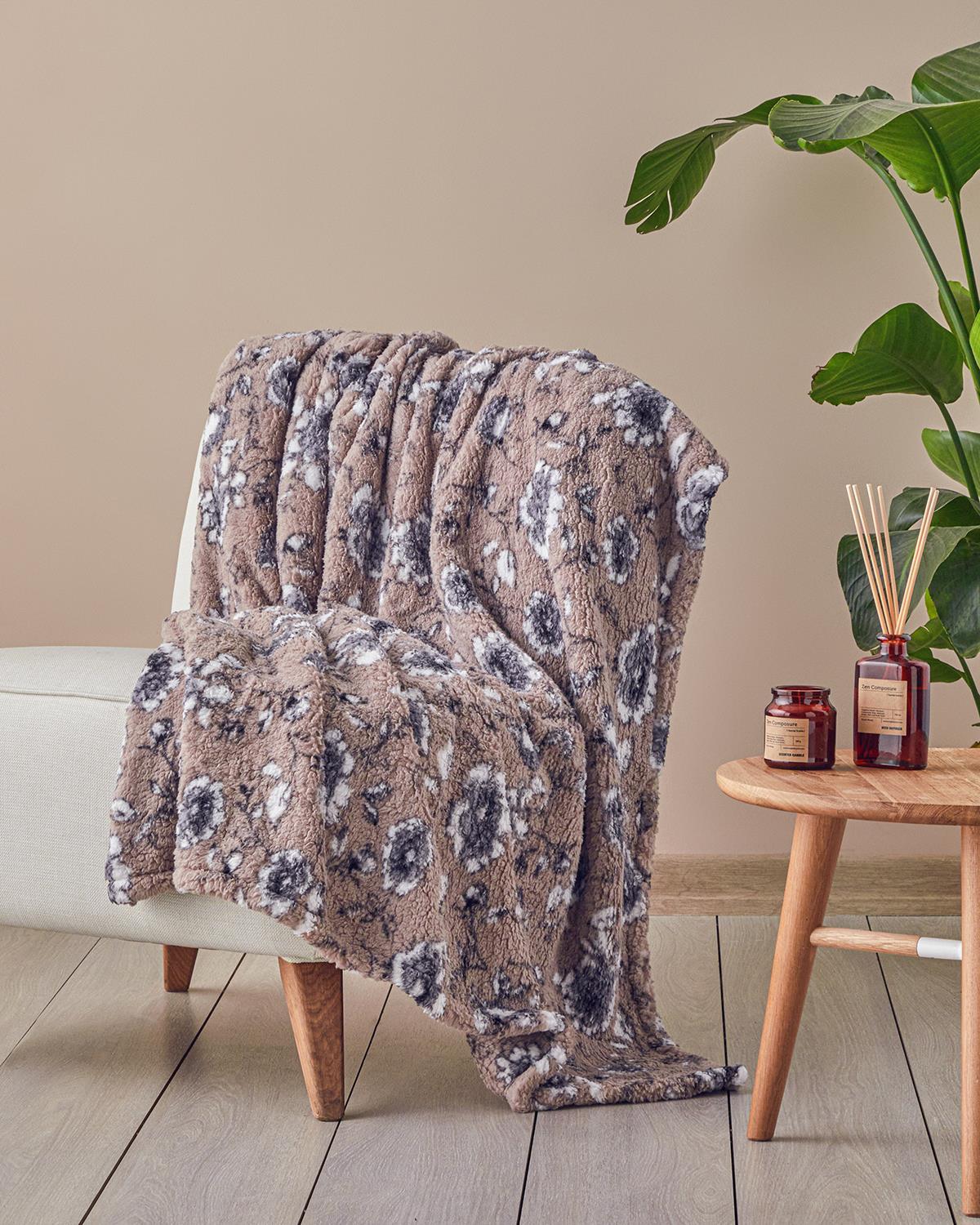 Gardenia Glow Sherpa İmprimat Pătură 120x170 cm Vizon