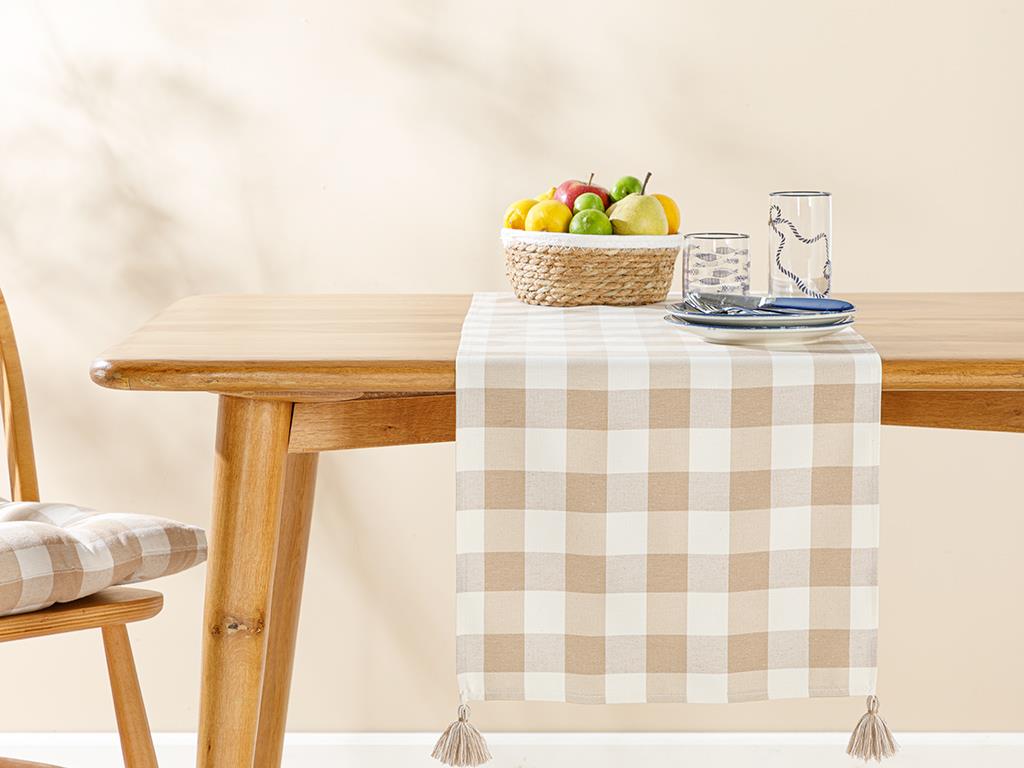 Gingham Cotton Polyester Fringed Runner 40x140 cm Beige