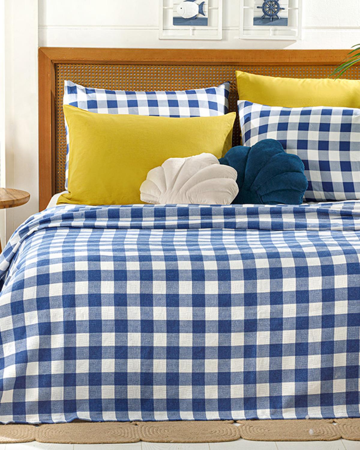 Gingham Imprimat Double Pătură De Vară 200x220 cm Bleumarin