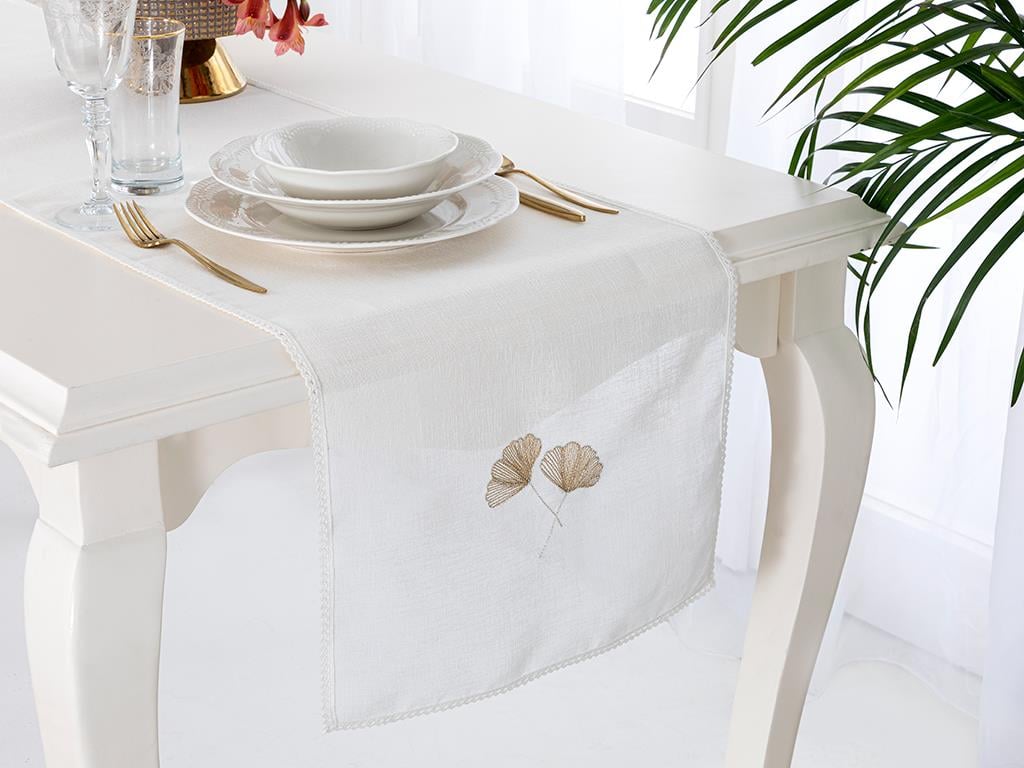 Gingko Embroidered Linen Runner 40x150 cm Cream