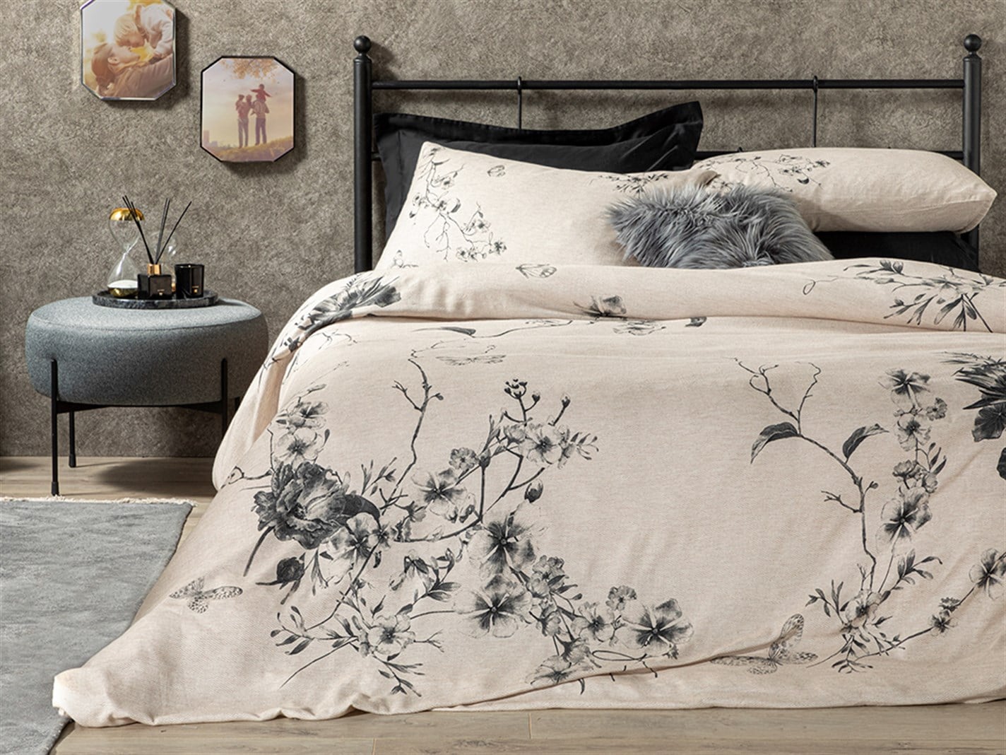 Grădină de iarnă 52 Tel / 132 Numărul de fir Super rege 260x220 cm Burgundia-gri