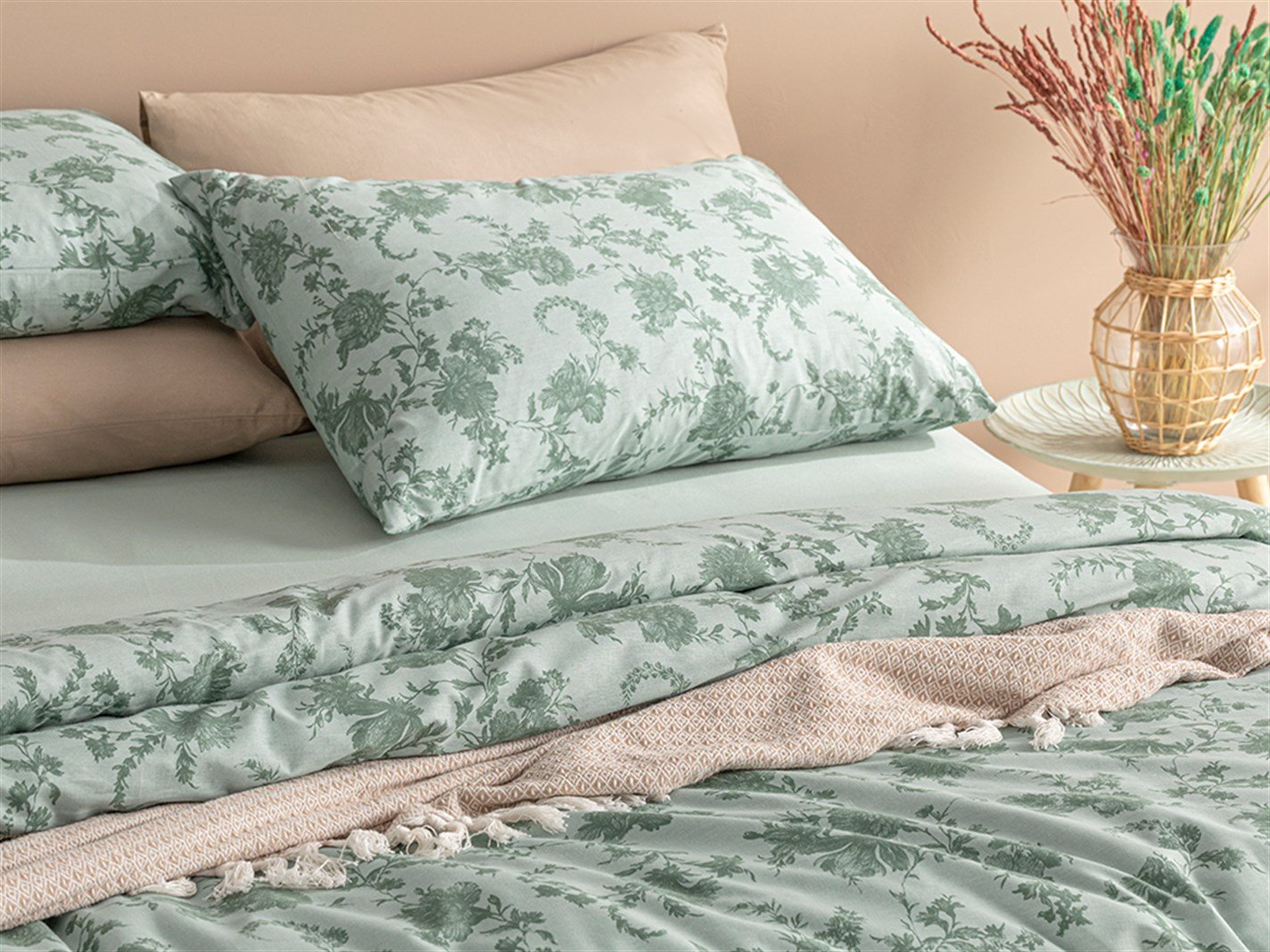 Grădină vintage 52 Tel / 132 Numărul de fir Persoană dublă 200x220 cm Mint-lilac-roz