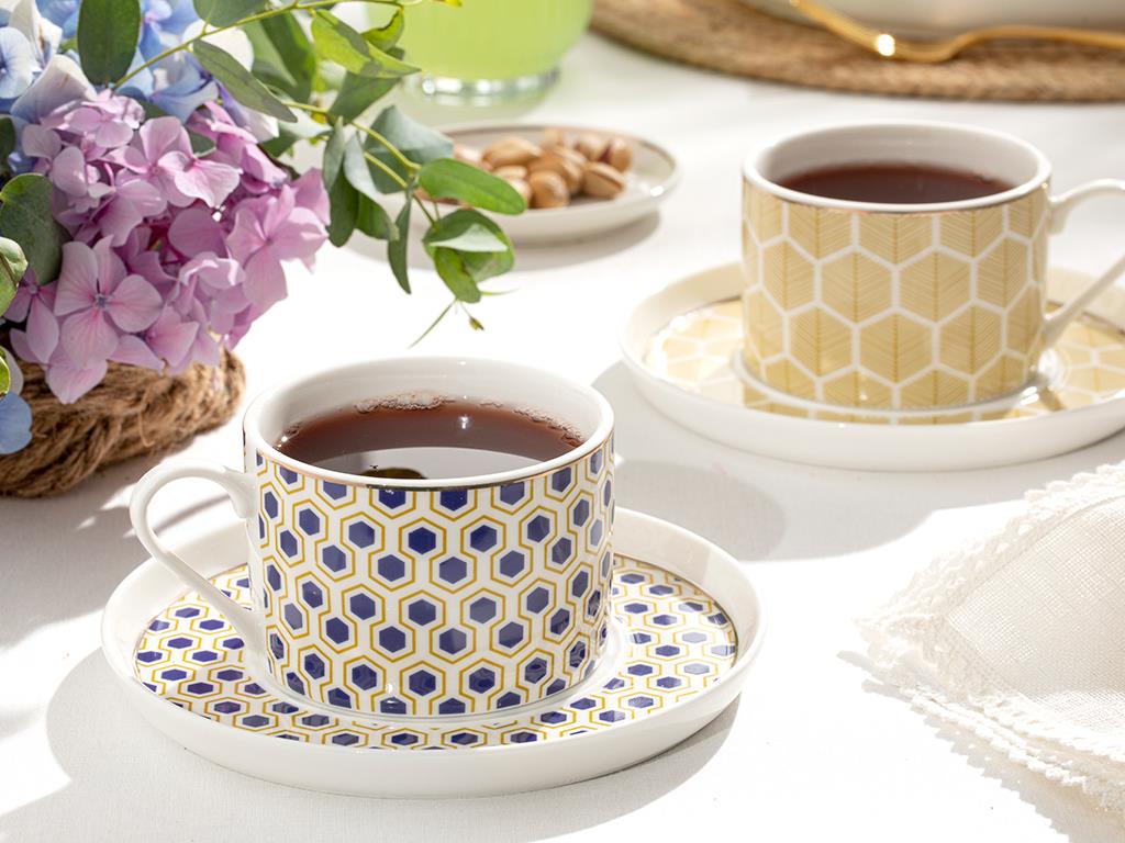 locus comb New Bone 4 Parça 2 Kişilik Tea Cup Set 220 ml Yellow-Blue
