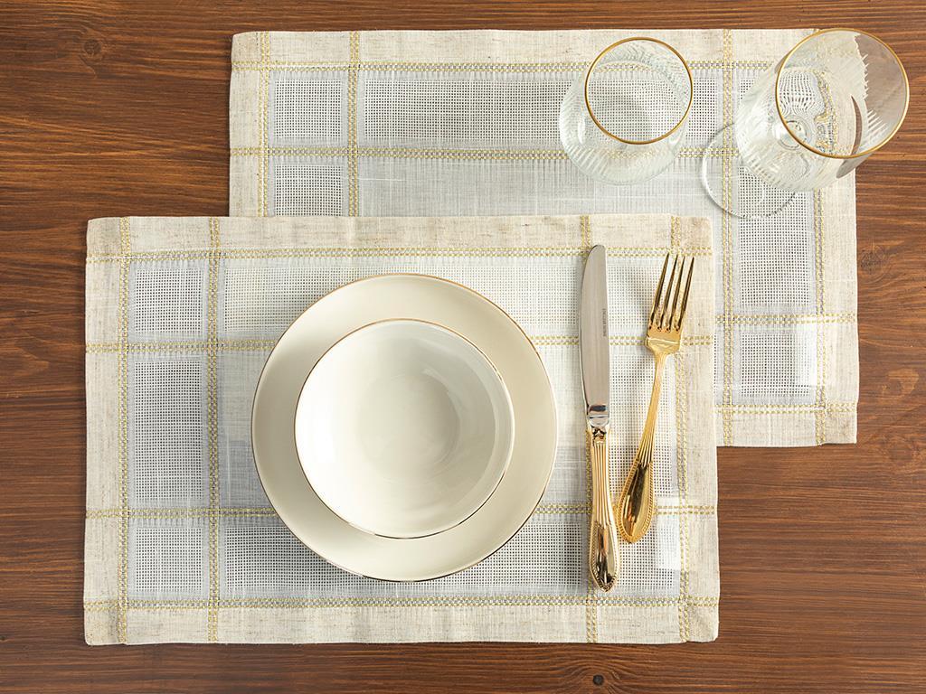 Luxe Linen Look Polyestere 2 Set Place Mat 30x45 cm White-Gold