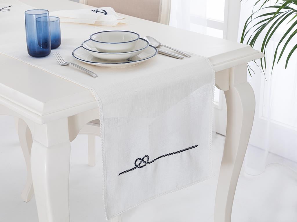 Marin Embroidered Linen Runner 40x150 cm Navy Blue