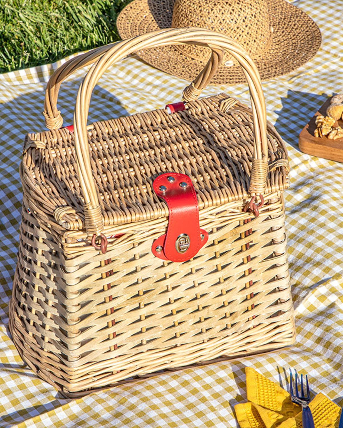 Natural Day Straw Picnic Basket 31x26x25 cm Red-Beige
