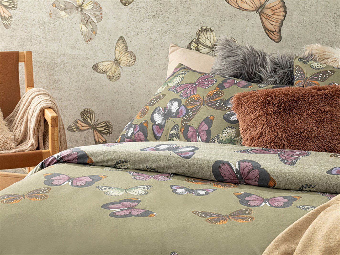 Papilions 57 Tel / 144 Numărul de fir Super rege 260x220 cm Mint-lilac-roz
