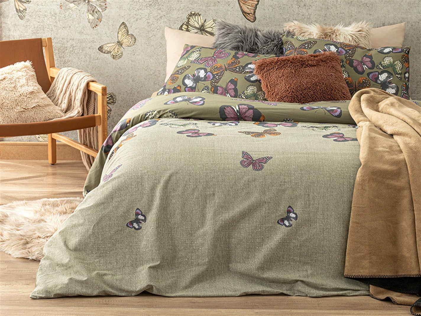 Papilions 57 Tel / 144 Numărul de fir Super rege 260x220 cm Mint-lilac-roz