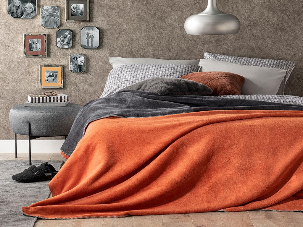 Plain Bumbac Dublu Pătură 200*220 Cm Antracit - Portocaliu