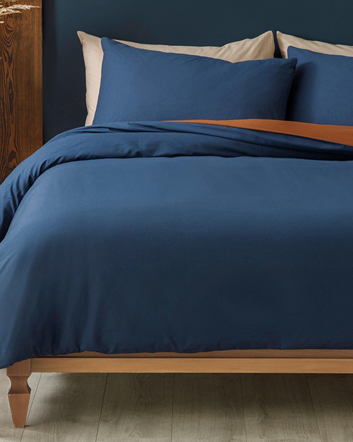Plain Bumbac King Size Set Lenjerie De Pat 240x220 cm Portocaliu - Albastru