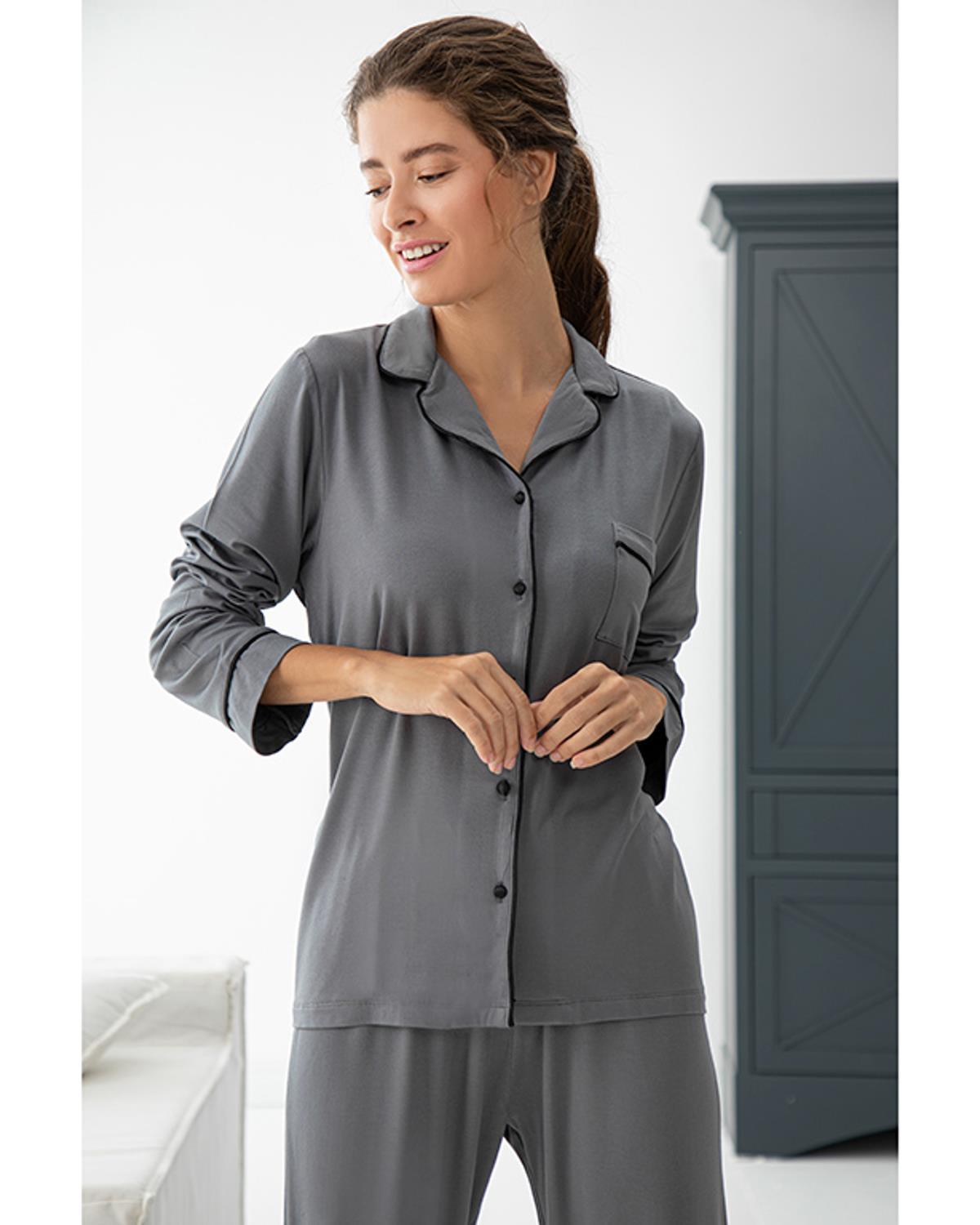 Plain Set De Pijamale Damă, Viscoză, L, Gri Închis