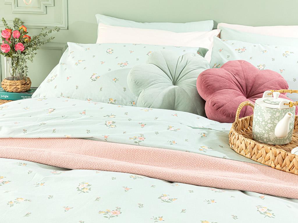 Pretty Flowers Bumbac Dublu Set Lenjerie De Pat 200*220 Cm Deschideți Seledon