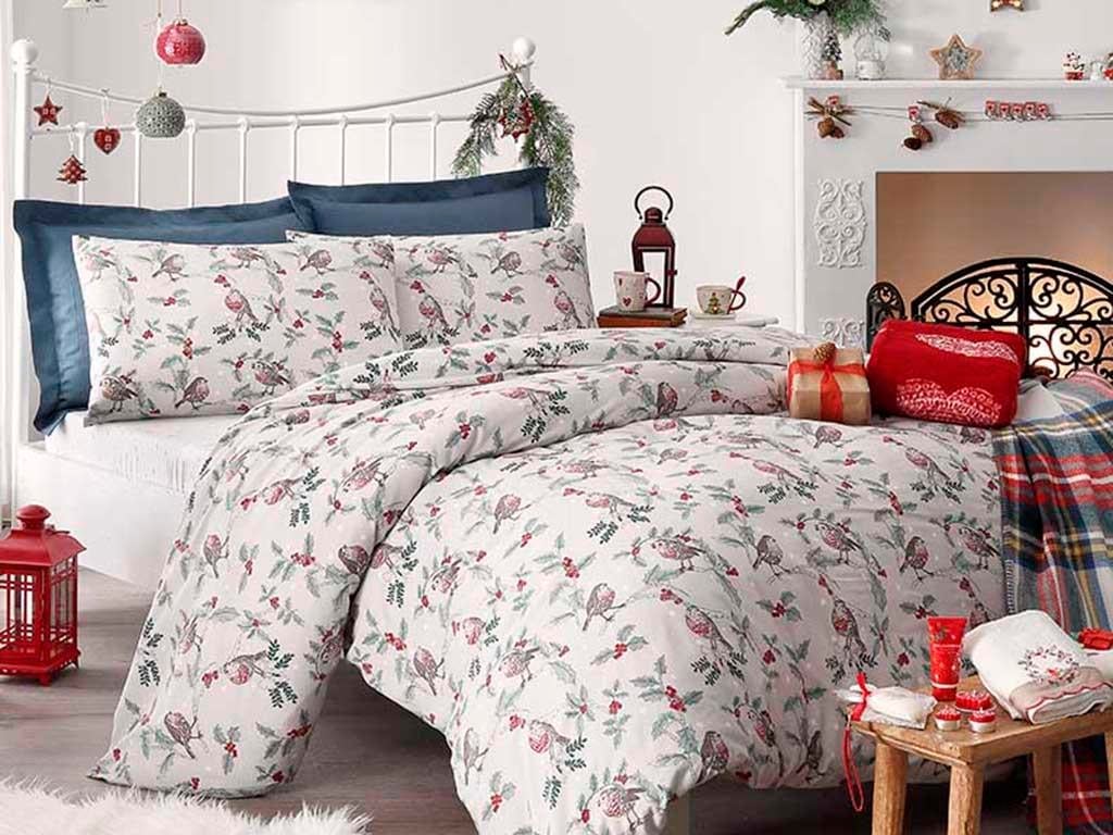 Robin Birds  Flanelă Double Person  SET LENJERIE DE PAT 200x220 cm Gri.