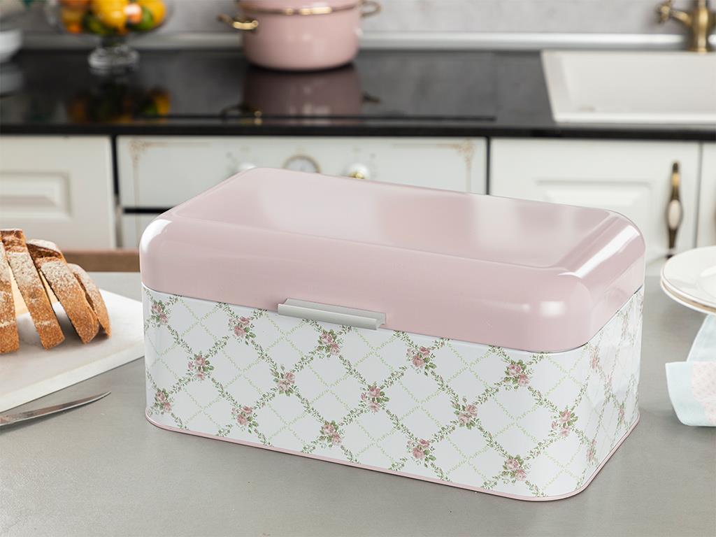 Rosalinda Metal Rectangular Bread Box 20,9x36,5x16,3 cm Pink - White