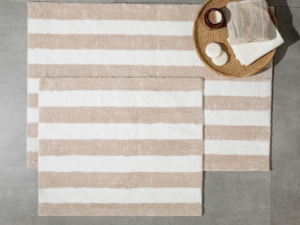 Bold Stripe Striped Cotton Bath Mat Set 60x90cm+50x60cm Ekru-Beige