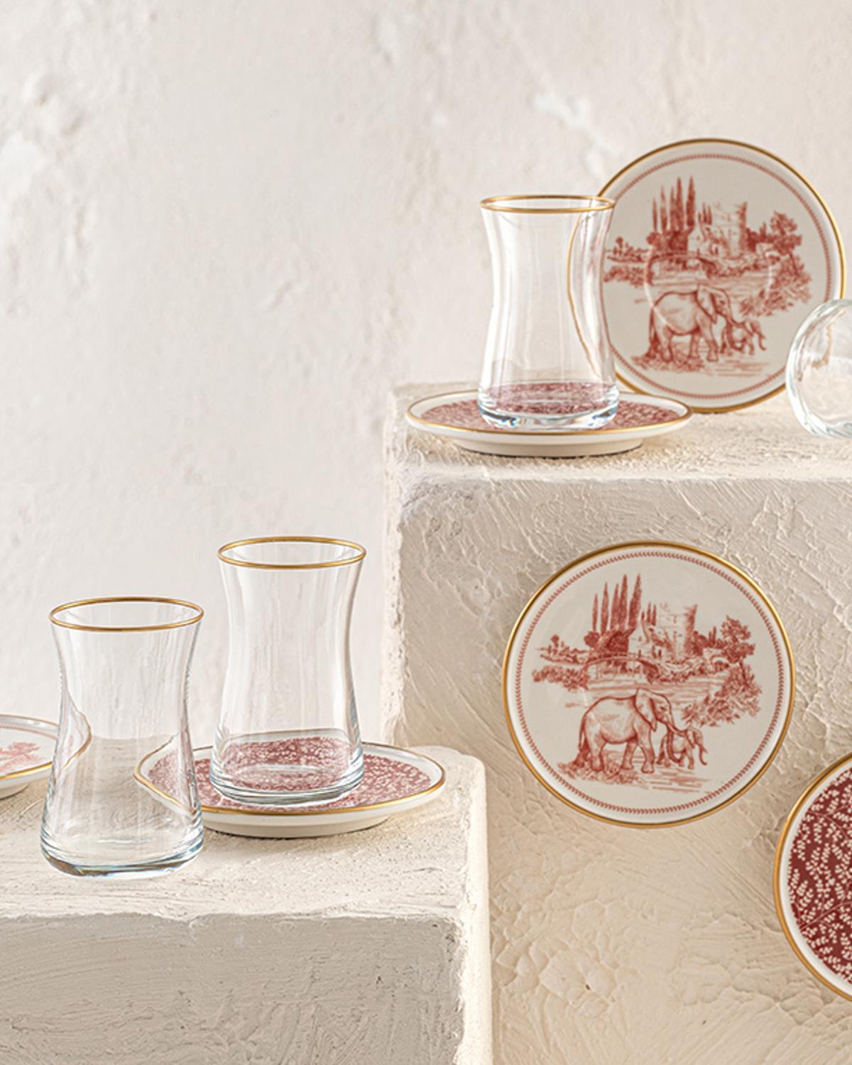 Set 6 pahare de ceai cu farfurie, Elephant, porțelan, 160 ml, roșu