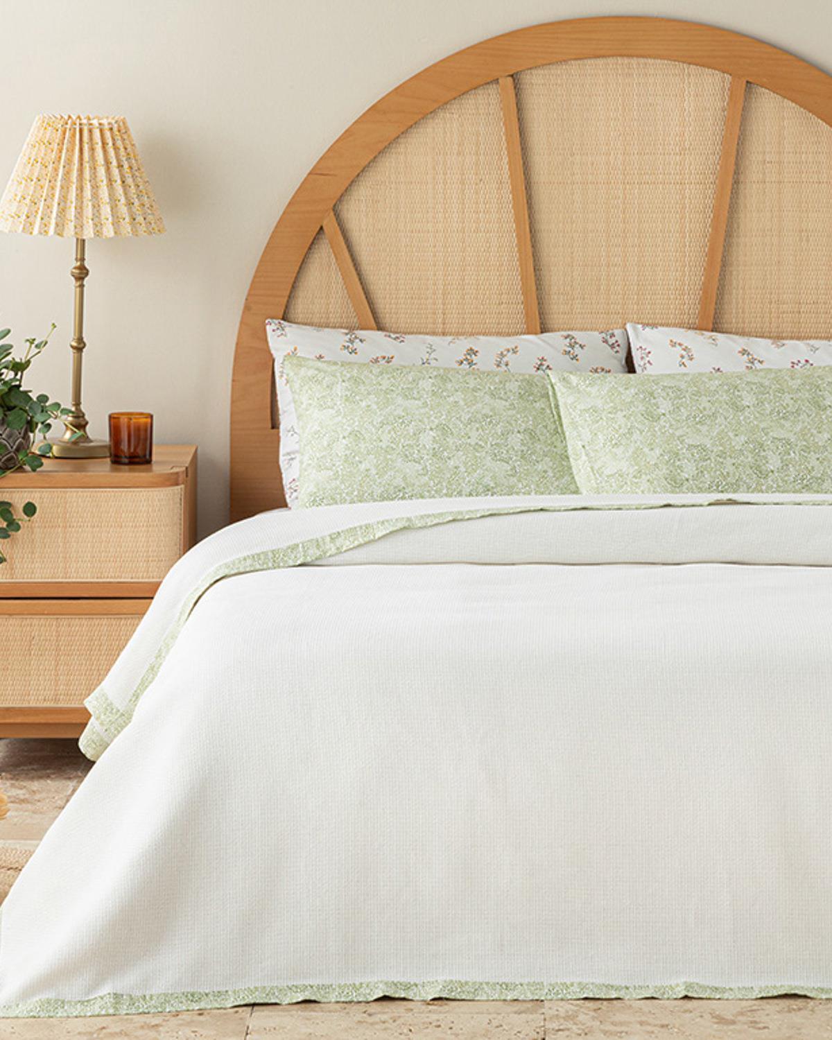 Greens Desenli Biyeli Double Person Summer Blanket Set 200x220 cm Ecru