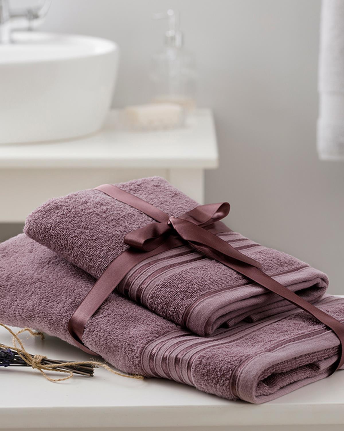Romantic Stripe Filoselle Bath Towel Set 50x85cm + 70x150cm Light Damson