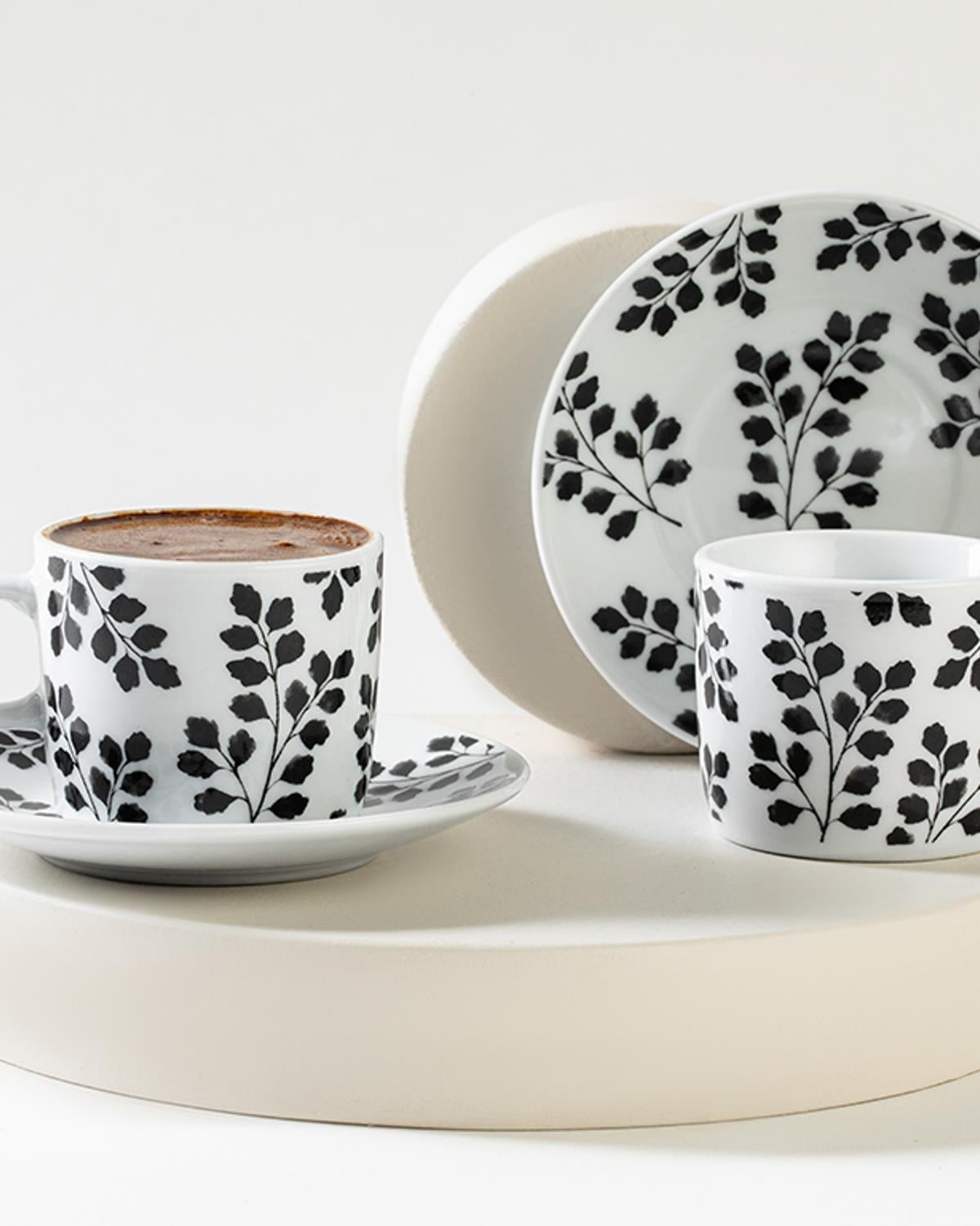Shine Leaf Porcelain 4 Parça 2 Kişilik Coffee Cup Set 80 ml Black