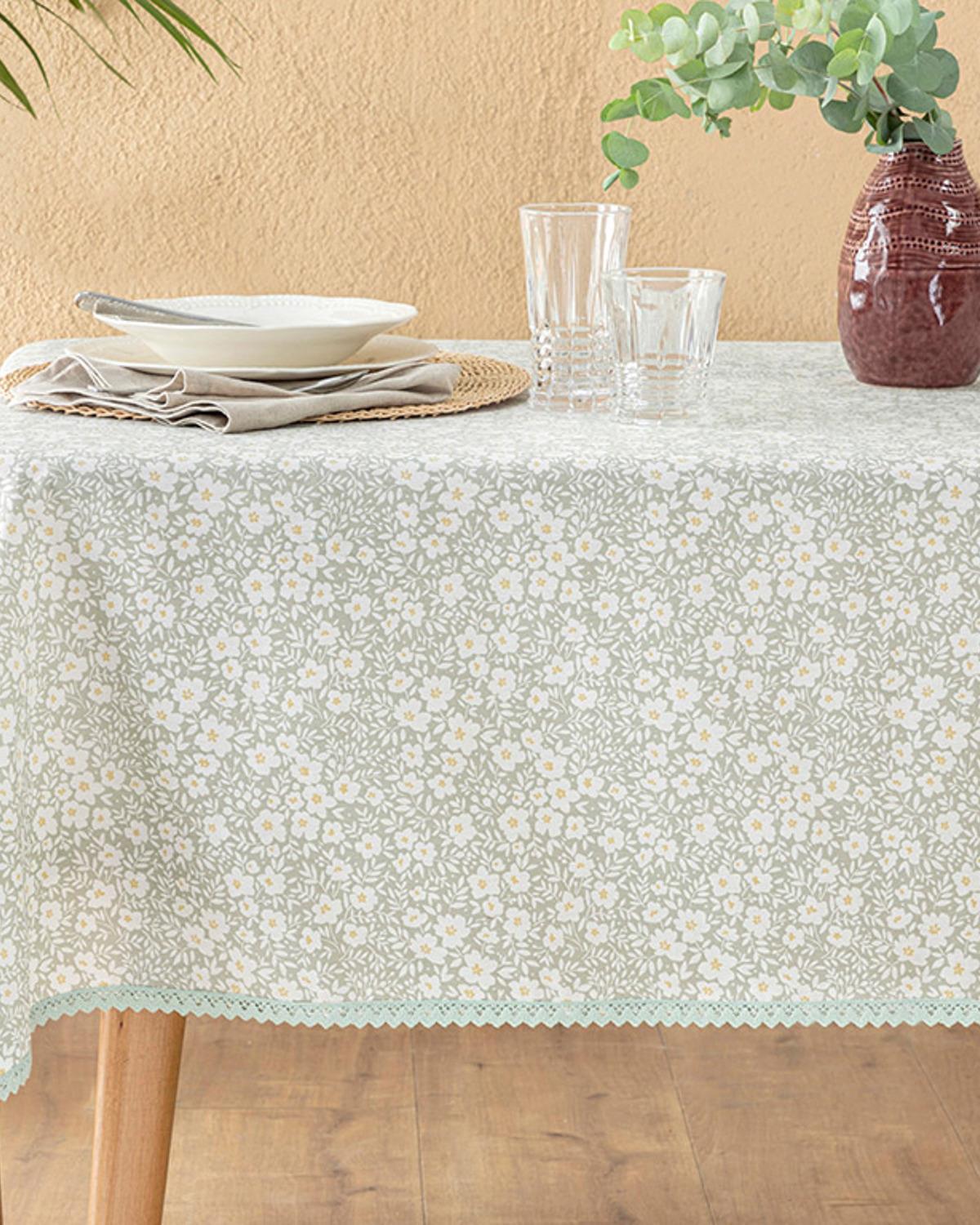 Sprinkle Flowers Polycotton Laced Table Cloth 150x220 cm Green