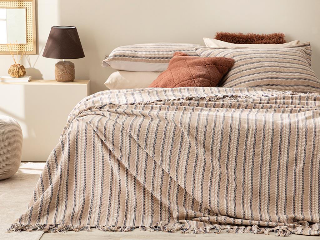 Stripe Wicker  Țesut Persoană dublă  SET CUVERTURĂ DE PAT 240x260 cm Bej-purpuriu