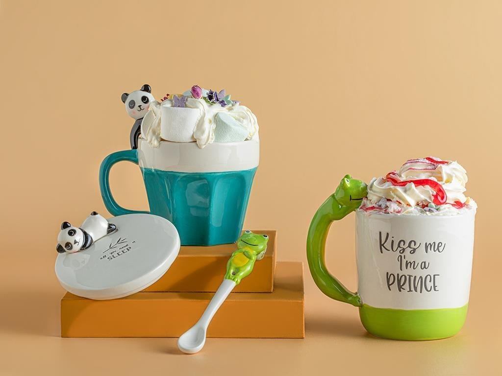 Sweet Panda Ceașcă Cu Capac Cu Lingură, Dolomită, 340 Ml, Albastru-Rosu