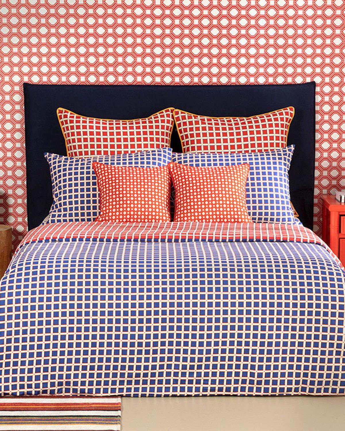 Tesselation, Set husă de pilotă cu față de pernă, pentru o persoană, bumbac, 160x220 cm/ 50x70 cm, roșu - bleumarin