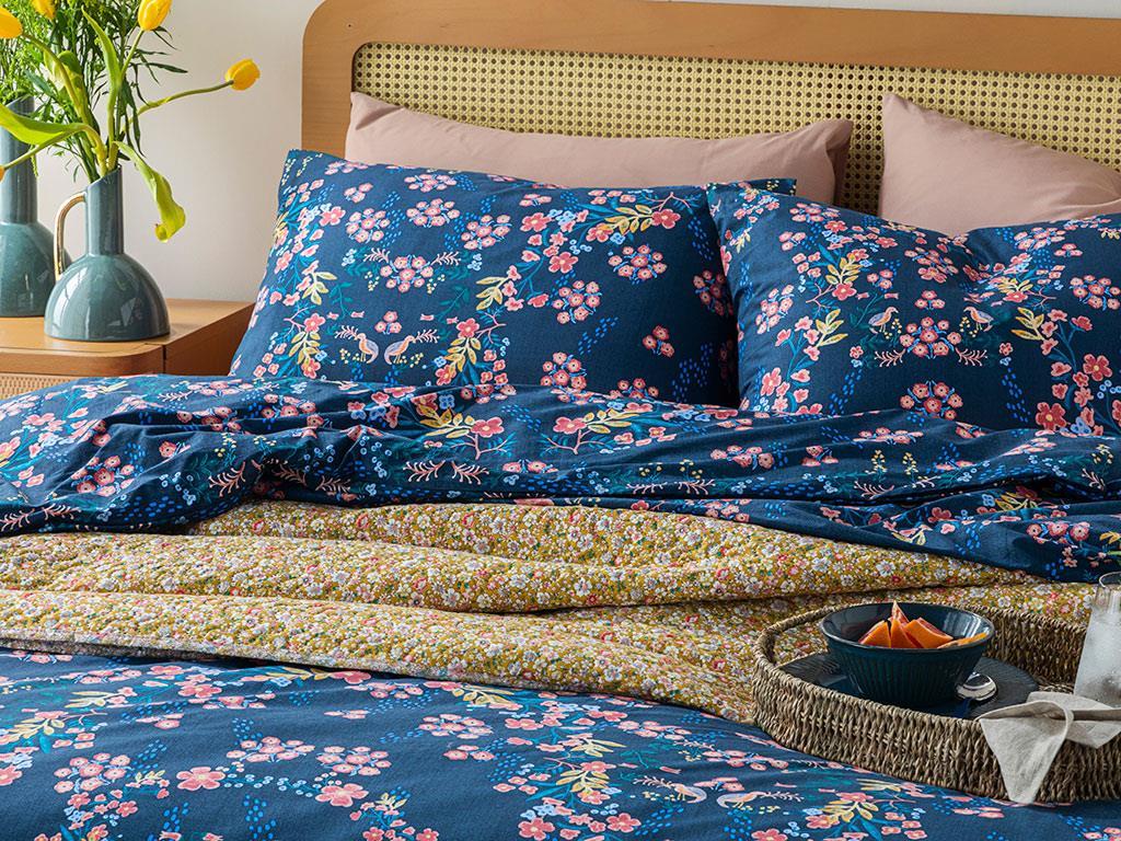 Timeless Bloom Bumbac Dublu Set Lenjerie De Pat 200*220 Cm Albastru închis